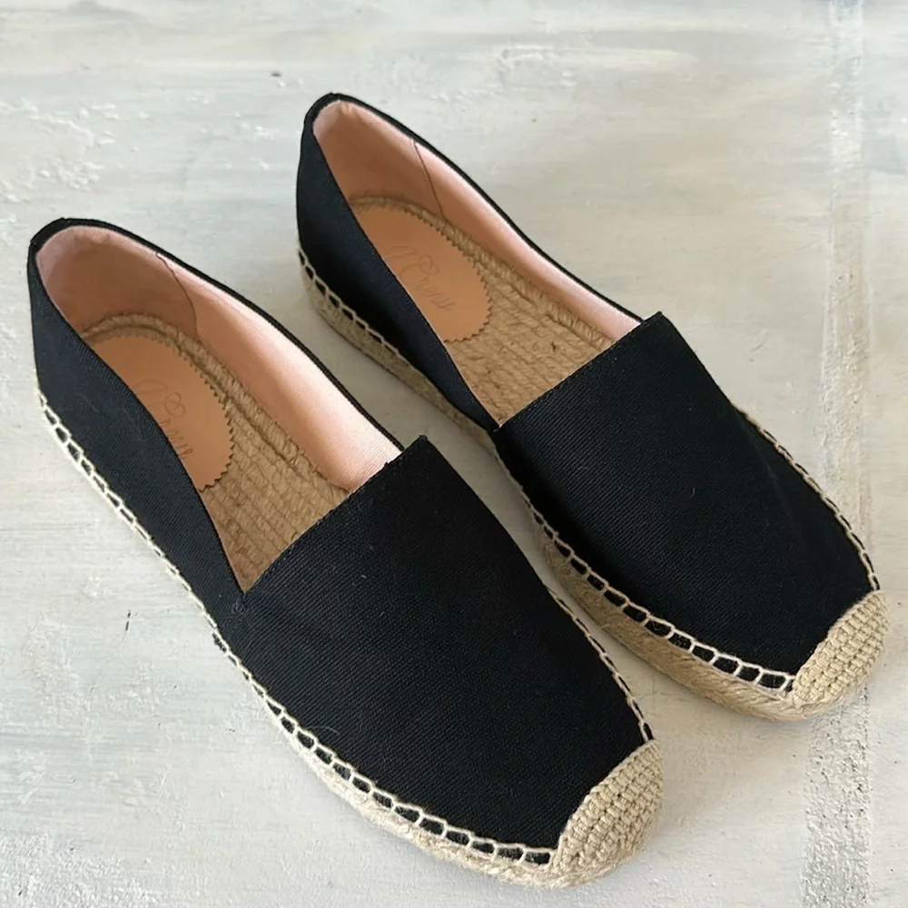 J. Crew SU22 Canvas Espadrille Flat Shoes Sz 10 Black Jute Soles Classic Slip On